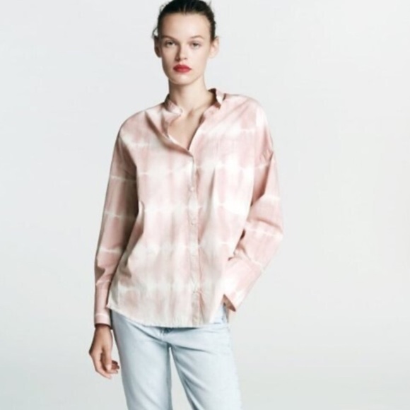 Zara Tops - Zara Pink and White Tie Dye Button Down Long Sleeve Cotton Shirt Size Small